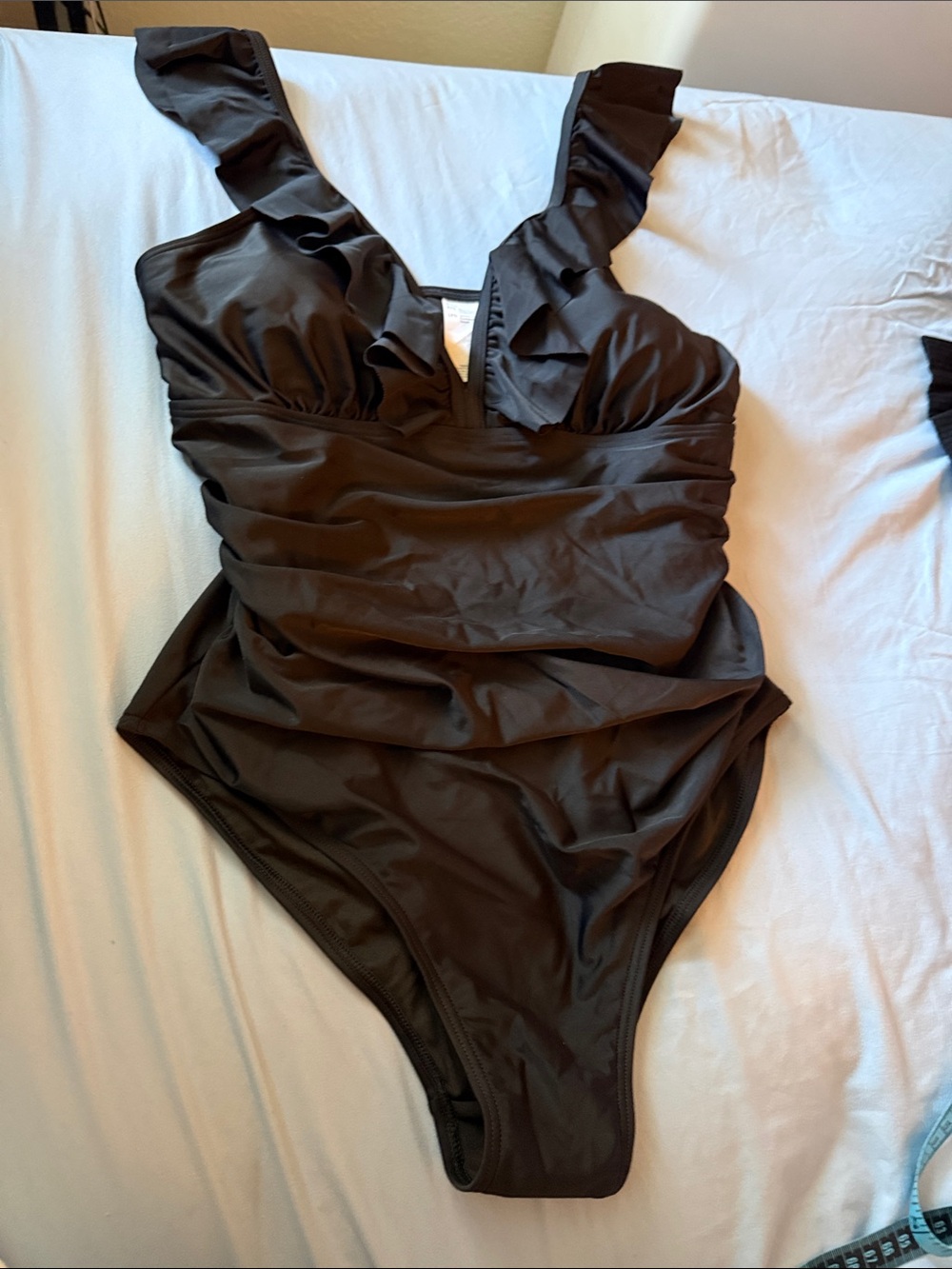 NWT Charmo Black One Piece Swimsuit Ruffle Ruched Tummy Control Size L